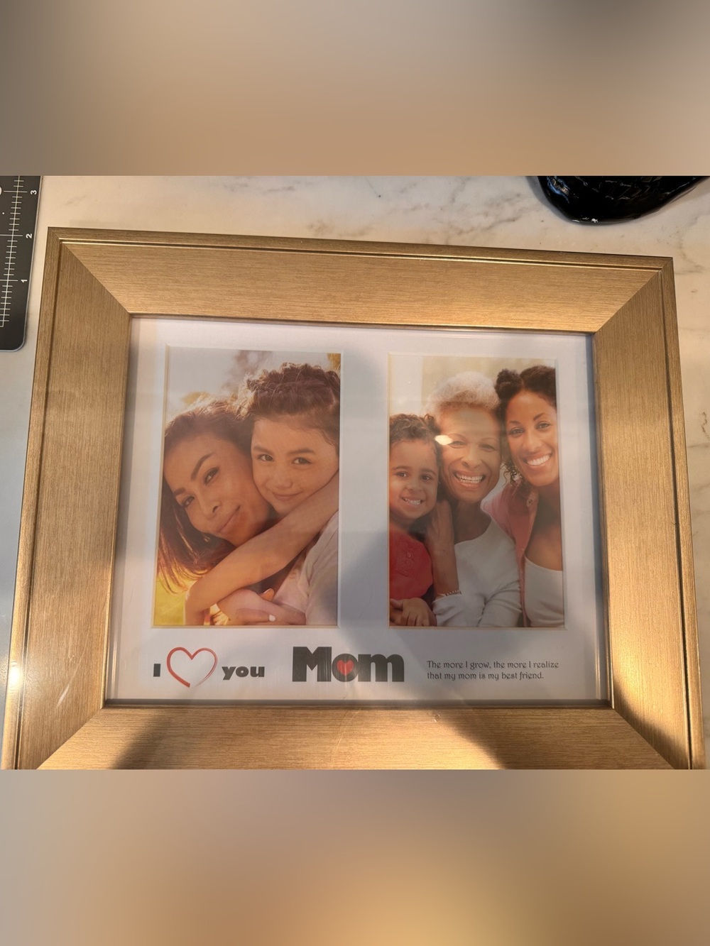 NWT Brushed Gold Dual Picture Frame Photo I Love Mom Tabletop